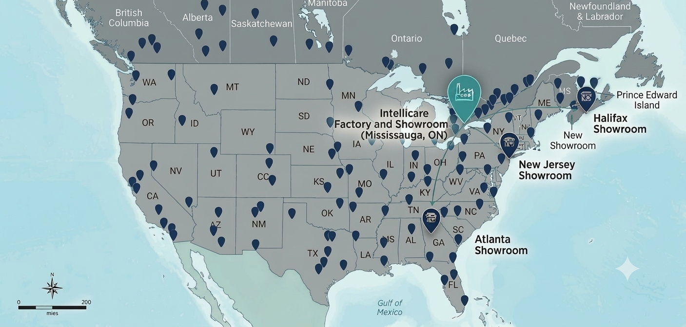 IntelliCare North American distribution map showing dealer locations across Canada and the United States, with the Mississauga factory and showroom and showrooms in New Jersey, Atlanta, and Halifax.